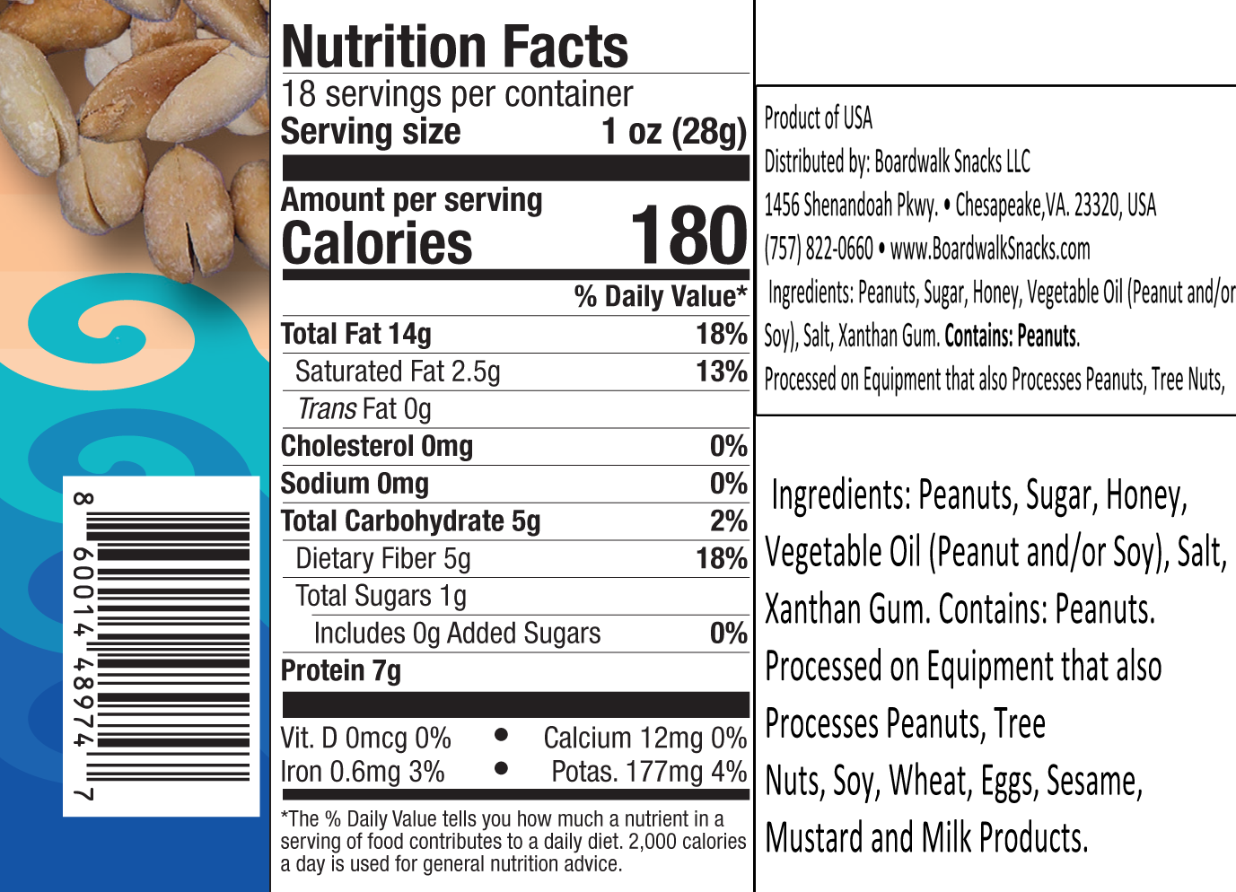 Boardwalk Snacks 15th Street Unsalted Virginia Peanuts 18oz