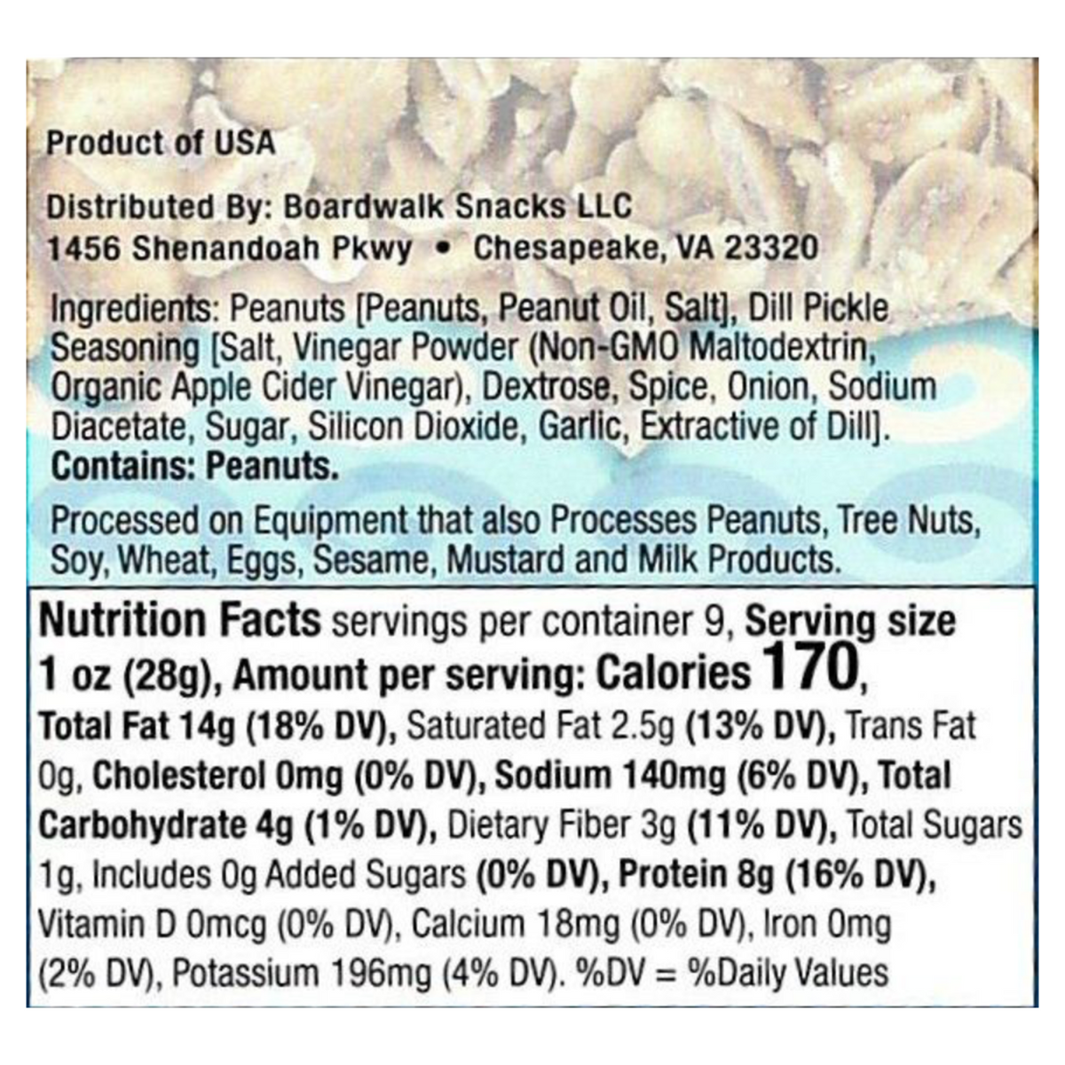 A close-up of a snack package label showing product information, ingredients, and nutrition facts for Boardwalk Snacks LLC peanuts and dill pickle seasoning.