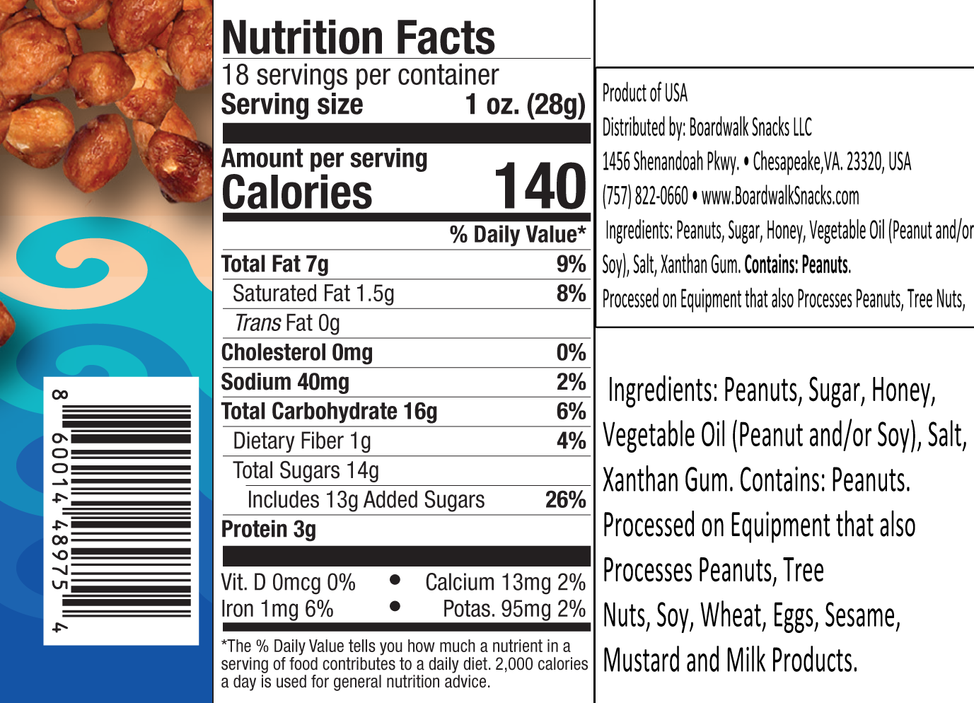 Boardwalk Snacks 1st Street Butter Toasted Peanuts 18 oz