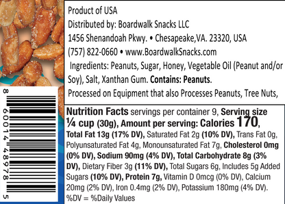 Boardwalk Snacks 31st Street Honey Roasted Peanuts, Gourmet Snack, Non-GMO, 9oz