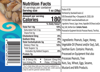 Boardwalk Snacks 15th Street Unsalted Virginia Peanuts 18oz 