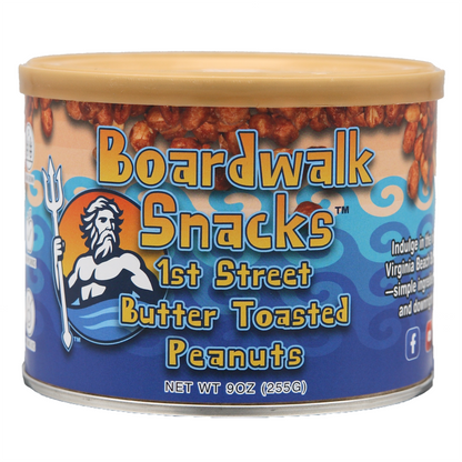 A 9 oz can of Boardwalk Snacks Butter Toasted Peanuts on a white background. The can features a blue label with a cartoon of Neptune holding a trident, yellow and orange text, and a tan lid.