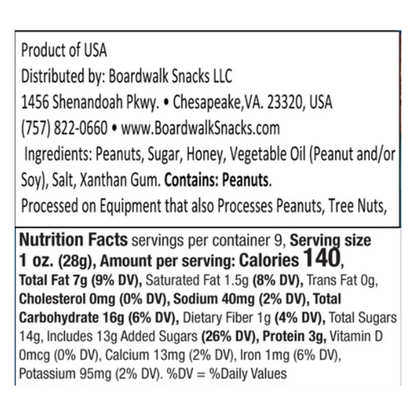 A close-up of a printed product label showing Boardwalk Snacks LLC details, ingredients, and nutrition facts for a snack product.