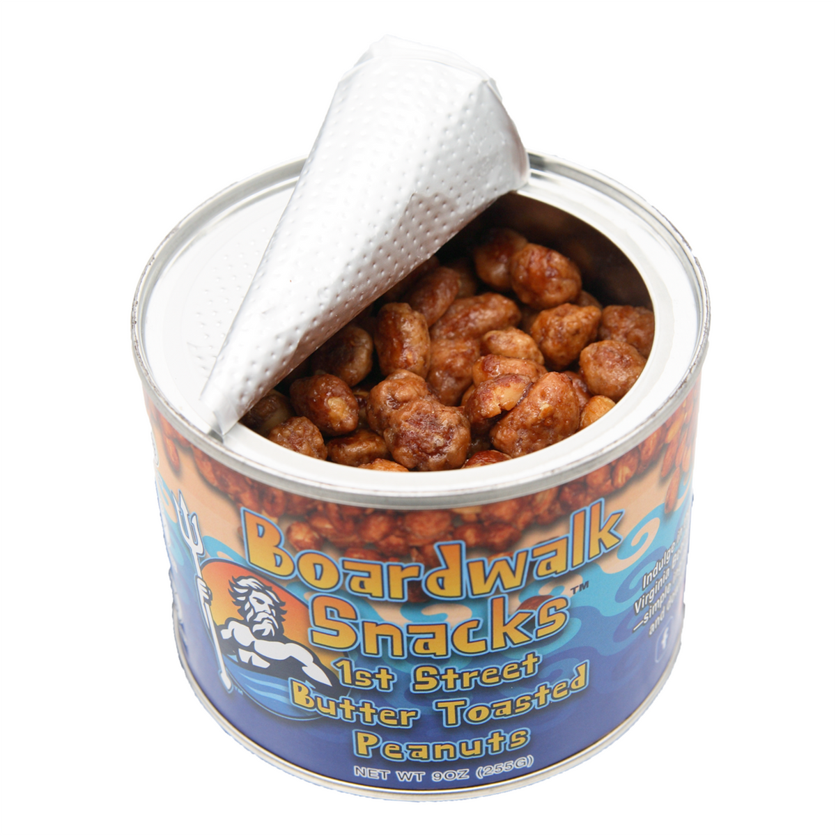 An open can of Boardwalk Snacks Butter Toasted Peanuts on a white background, showing the browned peanuts inside and the white paper seal partially peeled back.