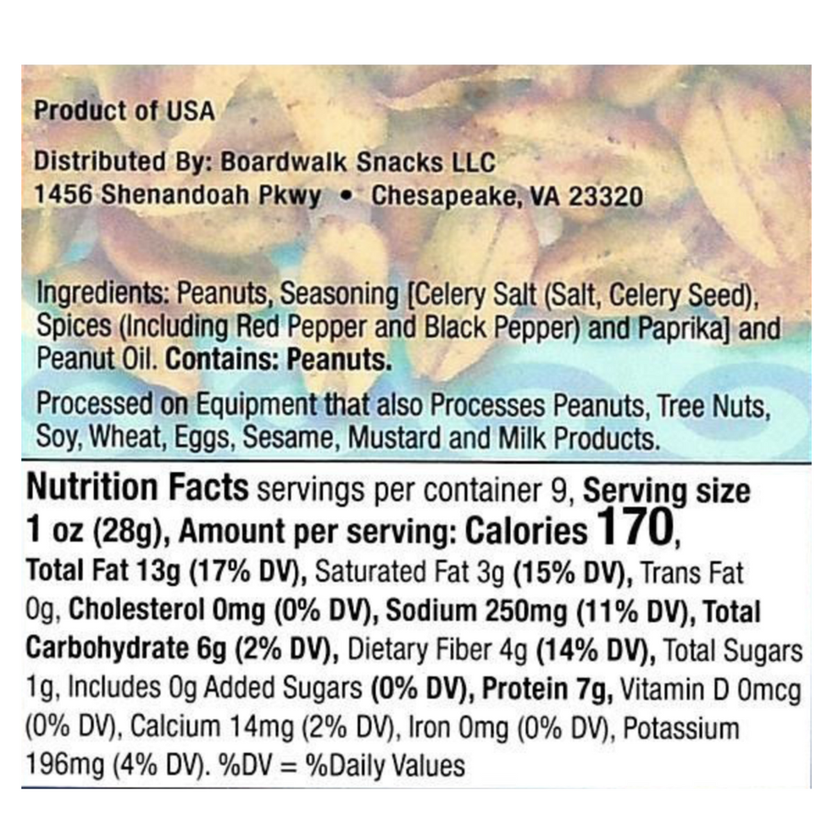 A close-up of a packaged snack bag showing printed product information, including 'Product of USA,' 'Distributed By: Boardwalk Snacks LLC,' ingredients, and nutrition facts. The visible product appears to be peanuts in a clear or transparent bag with a tan/brown peanut illustration and white text blocks.