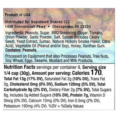 9oz. 17th Street Honey BBQ Virginia Peanuts by Boardwalk Snacks, Sweet & Smoky Snack Nuts, Non‑GMO
