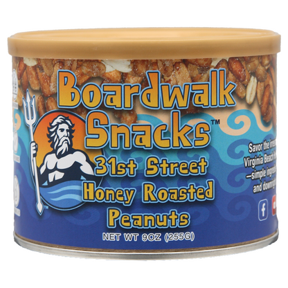 A 9 oz can of Boardwalk Snacks 31st Street Honey Roasted Peanuts, featuring a blue label with a Greek myth illustration of Poseidon and a tan lid.
