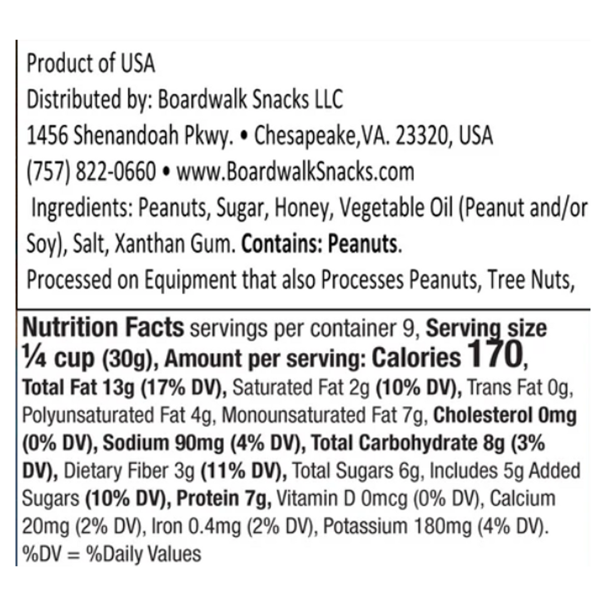 A close-up of a printed food label showing product text including 'Product of USA', 'Distributed by: Boardwalk Snacks LLC', ingredients, and nutrition facts for a snack with 170 calories per serving.