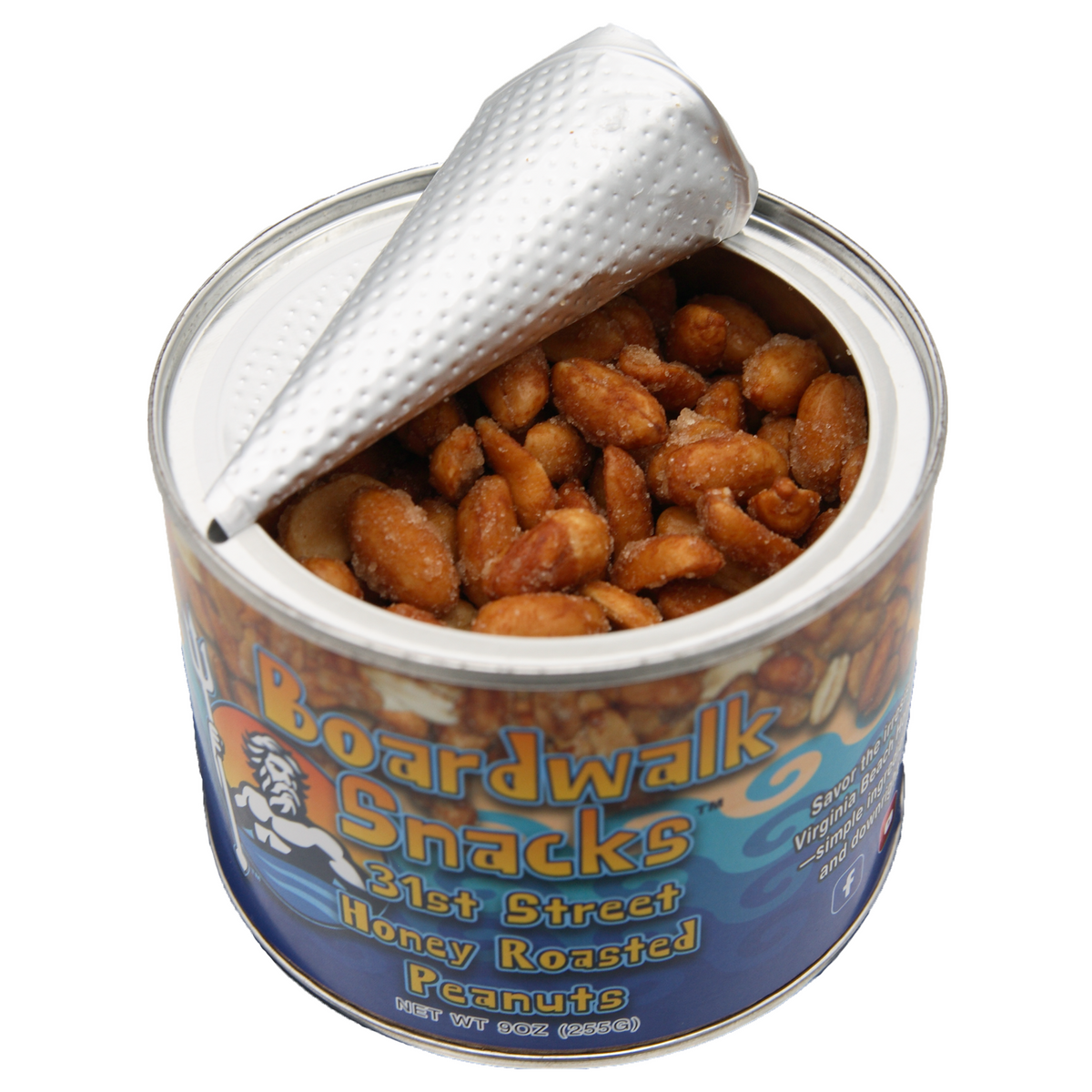 An open can of Boardwalk Snacks Honey Roasted Peanuts on a white background, showing the brown roasted peanuts inside and the silver foil lid propped open.