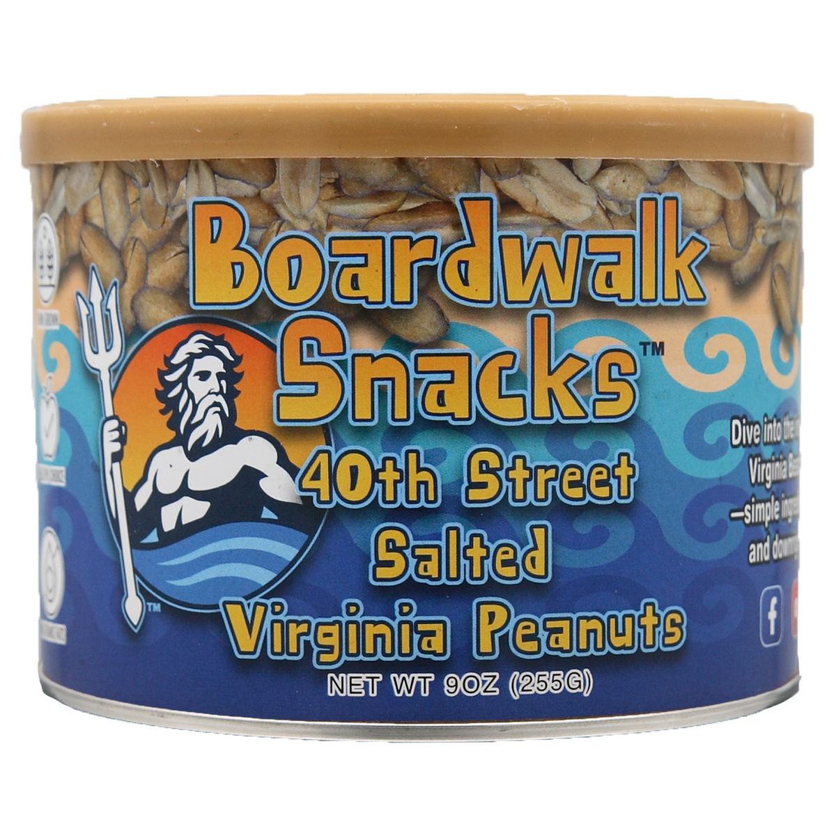 A 9 oz can of Boardwalk Snacks 40th Street Salted Virginia Peanuts on a white background.