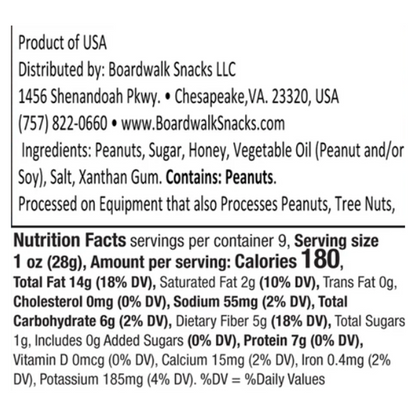 A close-up of a product label showing Boardwalk Snacks LLC product information, ingredients, and nutrition facts text on a white background.