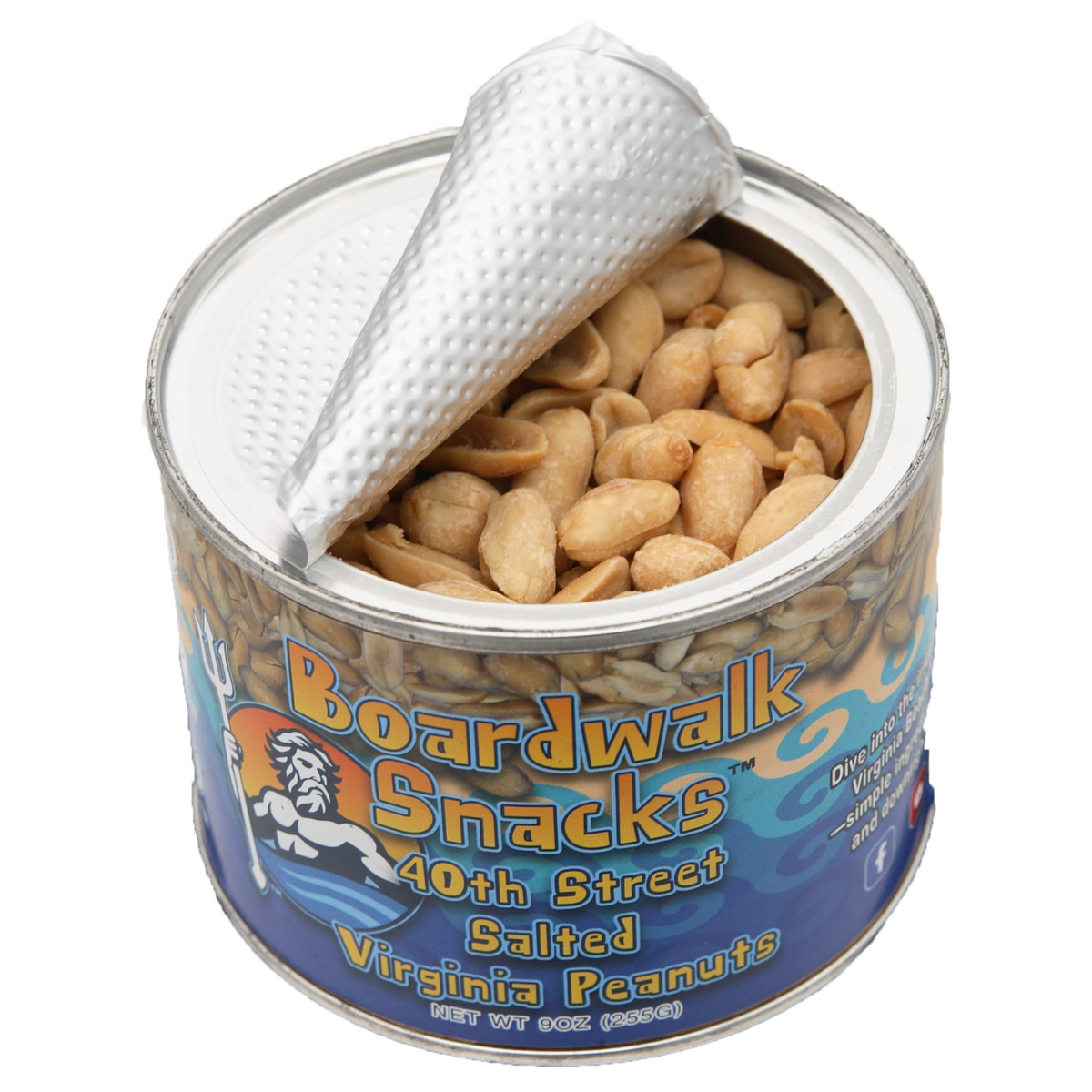 An open can of Boardwalk Snacks Salted Virginia Peanuts on a clean white background, showing the peanuts inside and the white foil seal partially peeled back.