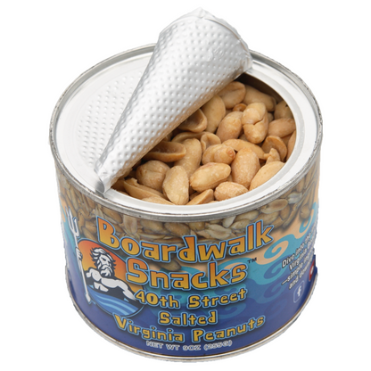 An open can of Boardwalk Snacks Salted Virginia Peanuts on a clean white background, showing the peanuts inside and the white foil seal partially peeled back.