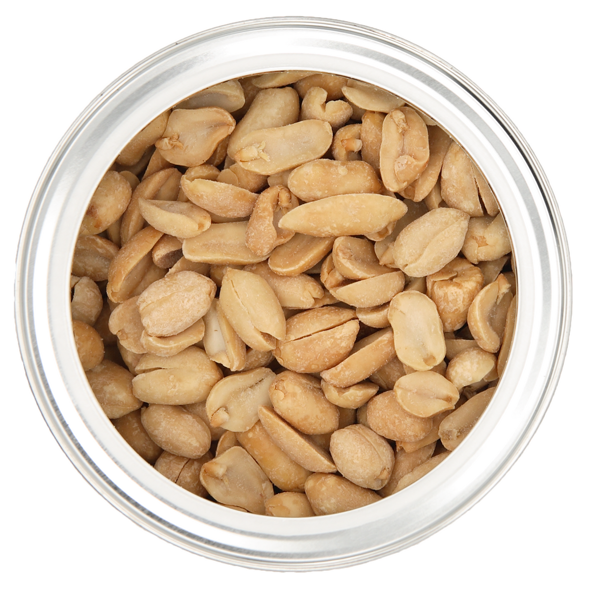 Raw roasted peanuts filling a clear round container, shown from a top-down view on a white background.