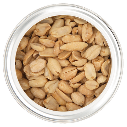 Raw roasted peanuts filling a clear round container, shown from a top-down view on a white background.