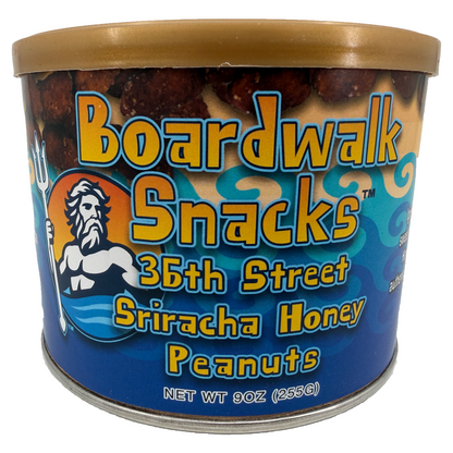 A 9 oz can of Boardwalk Snacks Sriracha Honey Peanuts on a white background.