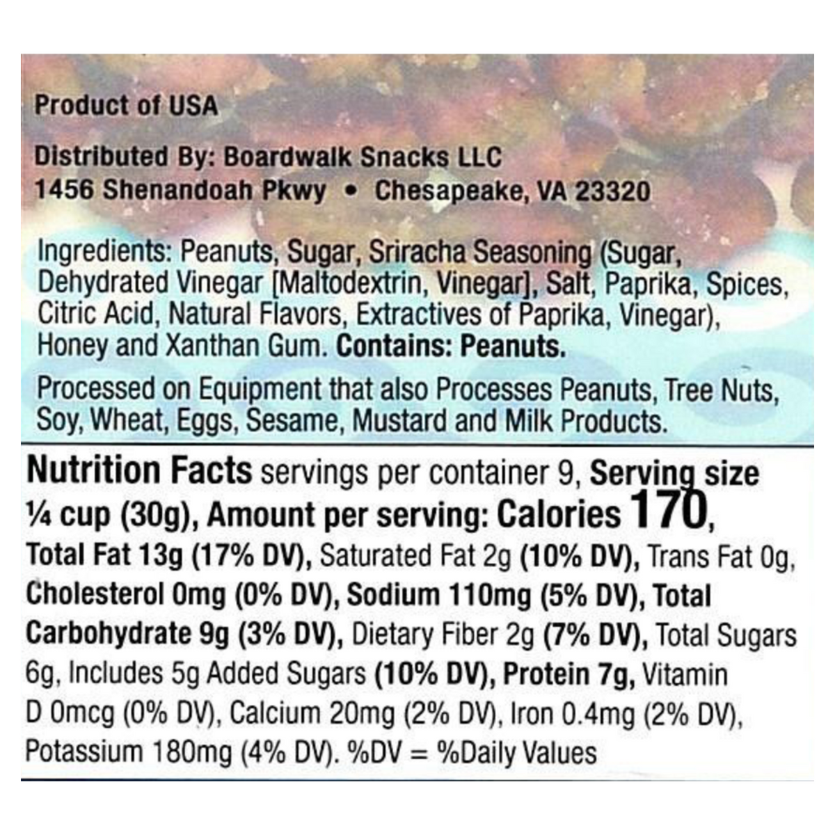 A close-up of a food product label for Boardwalk Snacks LLC, showing the 'Product of USA' section, ingredients list containing peanuts, and nutrition facts for a quarter cup serving.