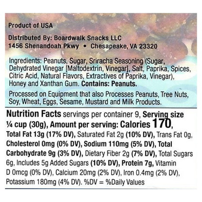 A close-up of a food product label for Boardwalk Snacks LLC, showing the 'Product of USA' section, ingredients list containing peanuts, and nutrition facts for a quarter cup serving.