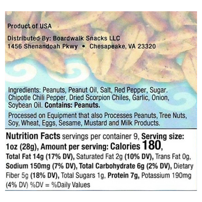 A close-up of a snack package front showing a photo of golden-brown fried chips or peanuts on a blue background, with text including 'Product of USA,' 'Distributed By: Boardwalk Snacks LLC,' ingredients, and nutrition facts.