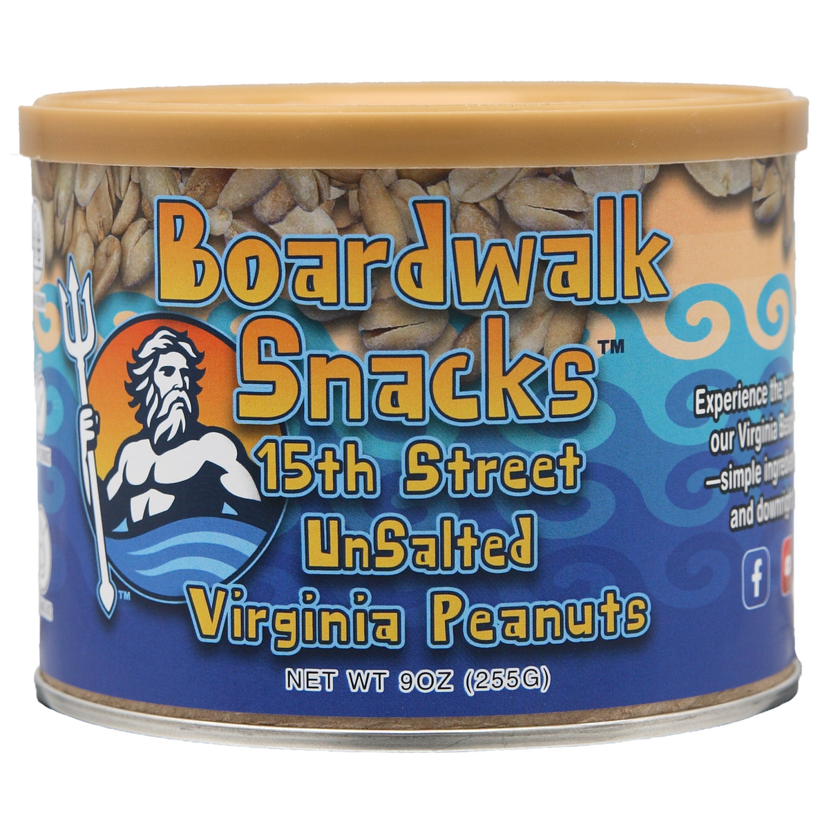 A 9 oz canister of Boardwalk Snacks 15th Street UnSalted Virginia Peanuts, featuring a blue label with a graphic of a bearded man holding a trident and a background of peanuts visible through the clear container.