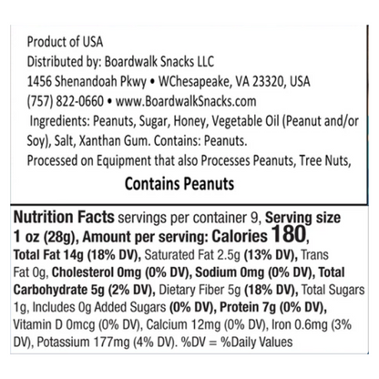 A close-up of a product's front label showing text including 'Product of USA', 'Distributed by: Boardwalk Snacks LLC', 'Ingredients: Peanuts, Sugar, Honey, Vegetable Oil (Peanut and/or Soy), Salt, Xanthan Gum. Contains Peanuts', and 'Nutrition Facts' with calorie and nutrient details.