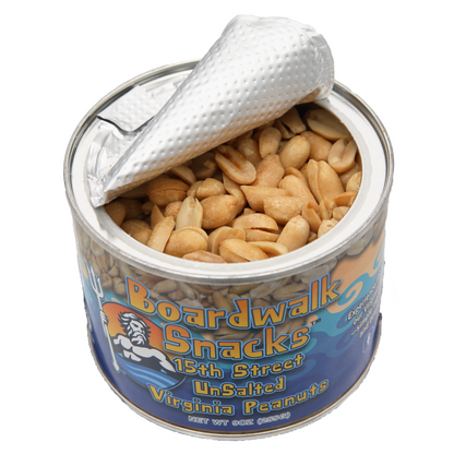 An open can of Boardwalk Snacks 15th Street Unsalted Virginia Peanuts on a plain white background, showing the peanuts inside and the branded label.