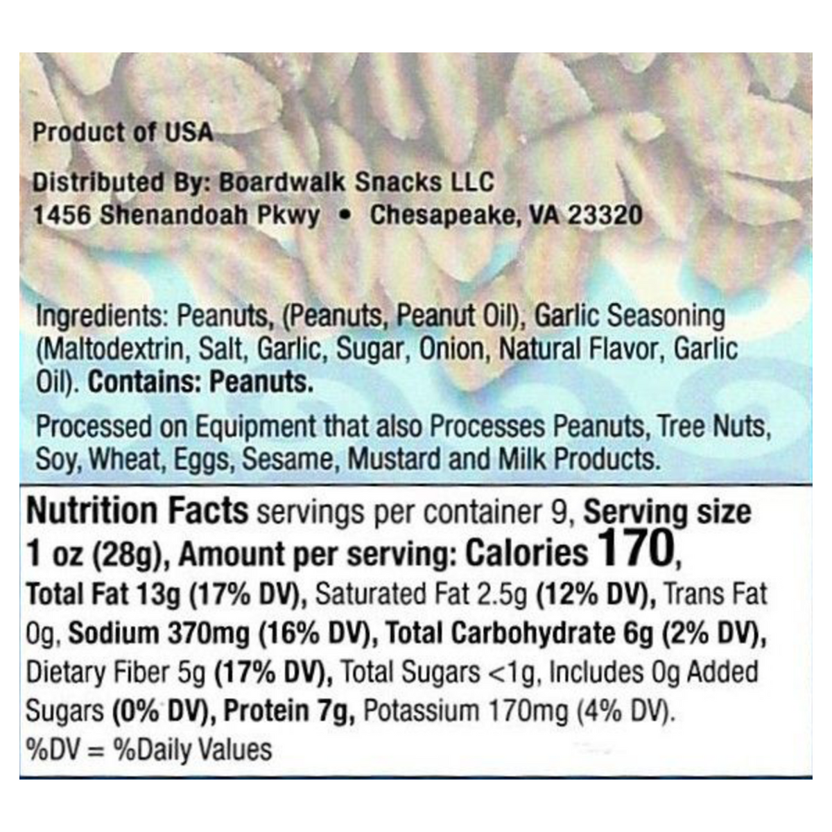9oz. 24th Street Zesty Garlic Virginia Peanuts by Boardwalk Snacks , Savory Snack Nuts, Non‑GMO