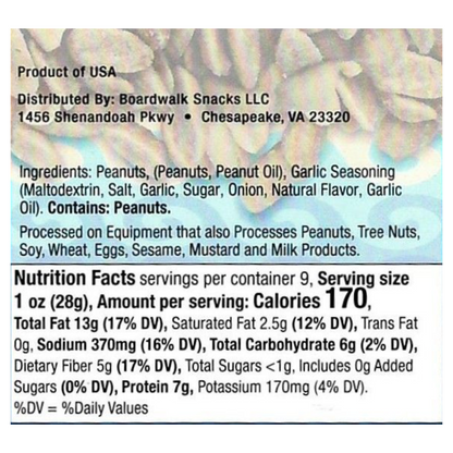 9oz. 24th Street Zesty Garlic Virginia Peanuts by Boardwalk Snacks , Savory Snack Nuts, Non‑GMO